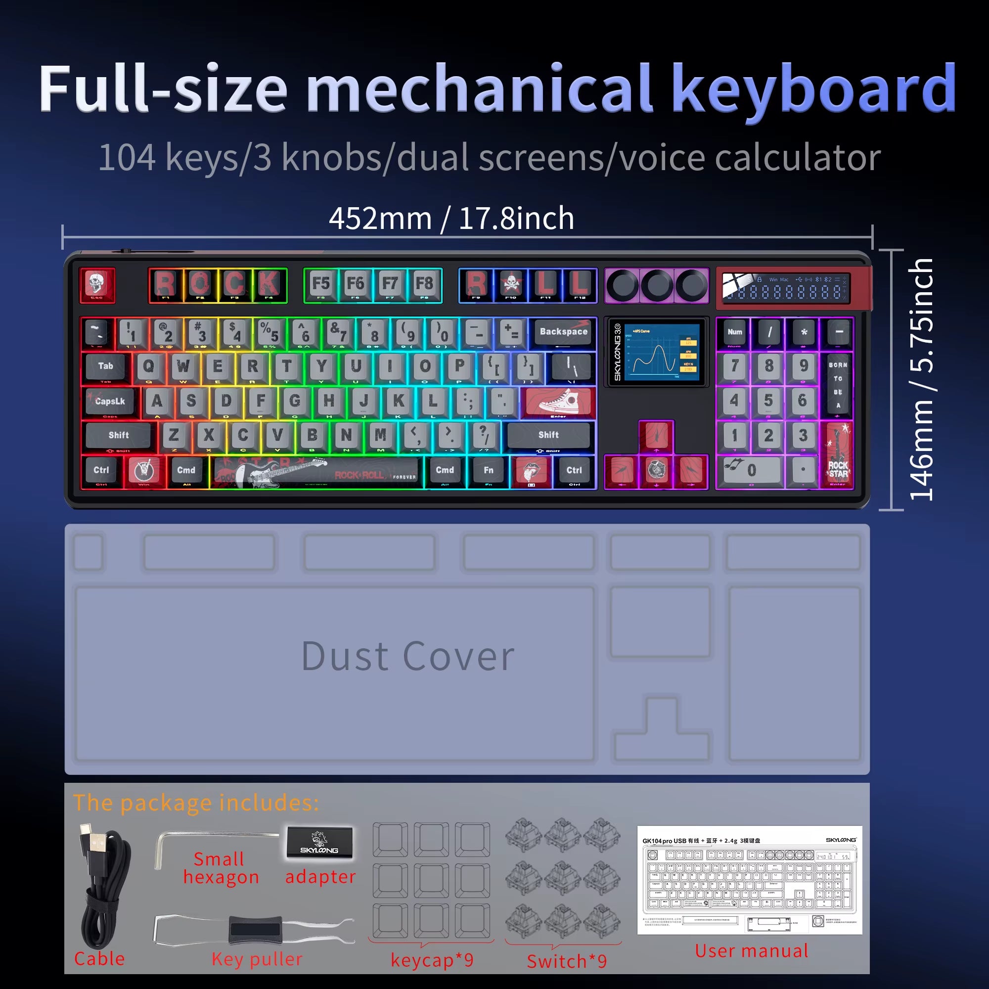 SKYLOONG GK104 Pro Full-Size 3-Mode Wireless Mechanical Keyboard with 3.0 Screen 3 Knobs Hot-Swappable Silent Switch PBT Keycaps