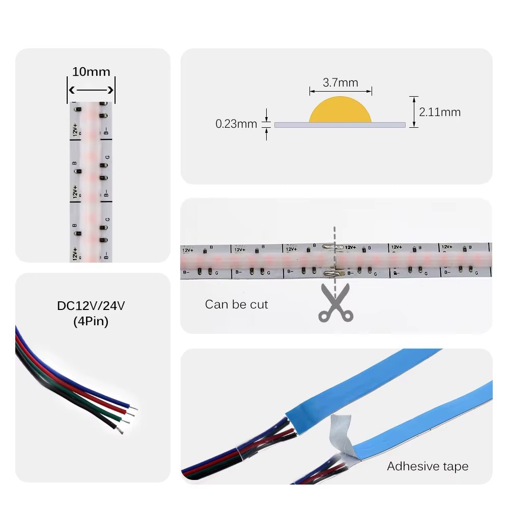DC12V 24V 384 Leds COB LED Strip 630Leds RGB Flexible COB LED Lights Red / Greeen / Blue / Ice Blue / Pink / Gold LED Tape 5M.