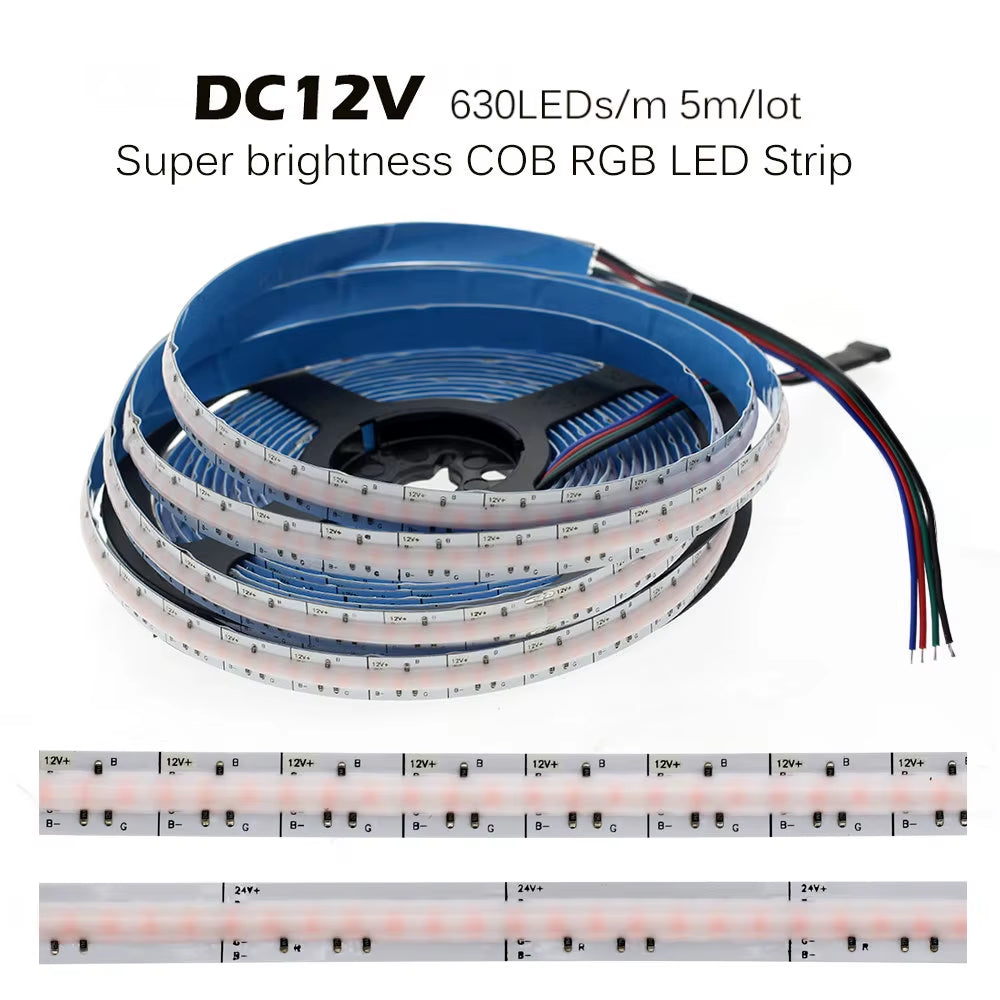 DC12V 24V 384 Leds COB LED Strip 630Leds RGB Flexible COB LED Lights Red / Greeen / Blue / Ice Blue / Pink / Gold LED Tape 5M.