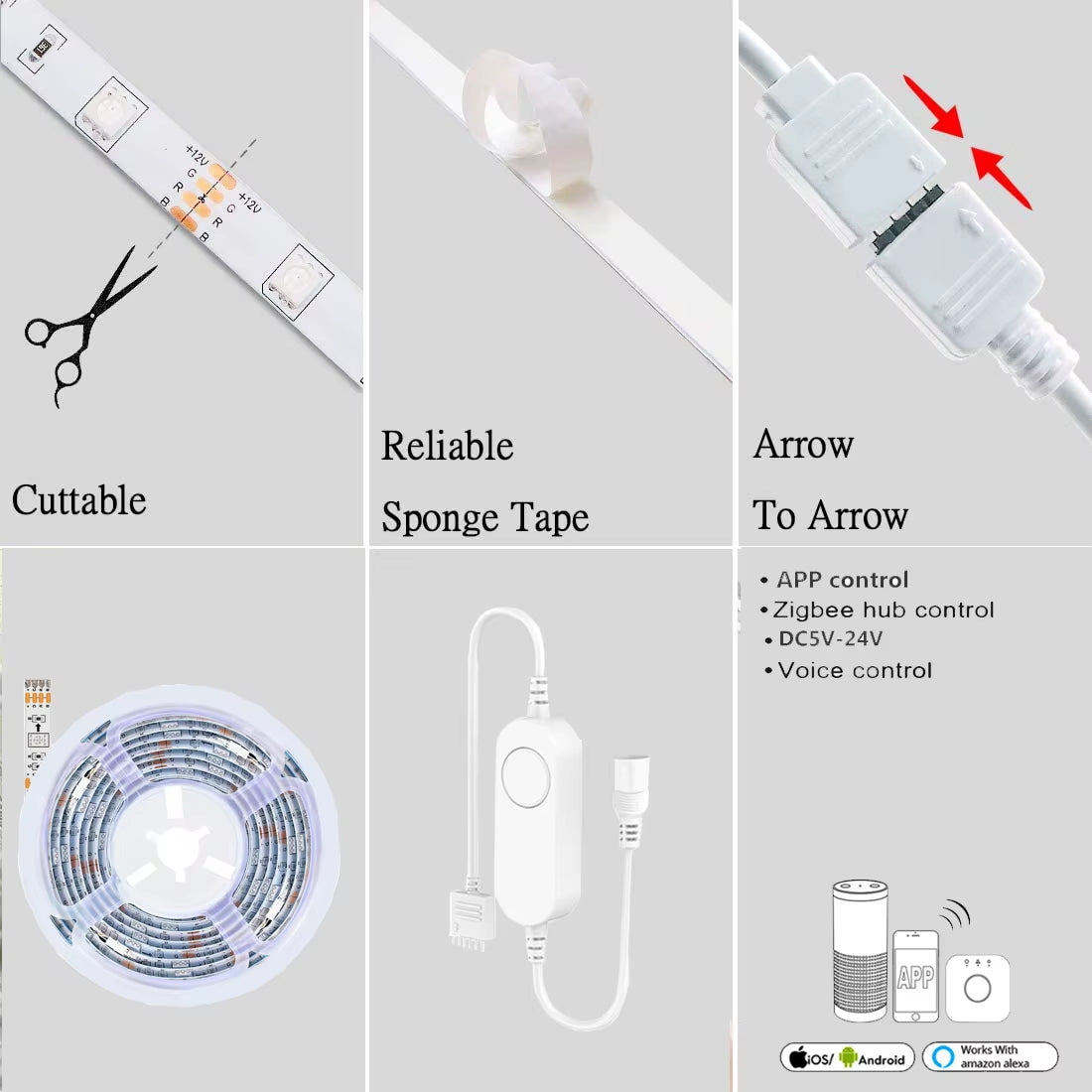 DC12V Zigbee Smart LED Strip RGB LED Strips Light Wireless Remote Control Support Tuya Smartthings Zigbee2Mqtt Echo Google Home