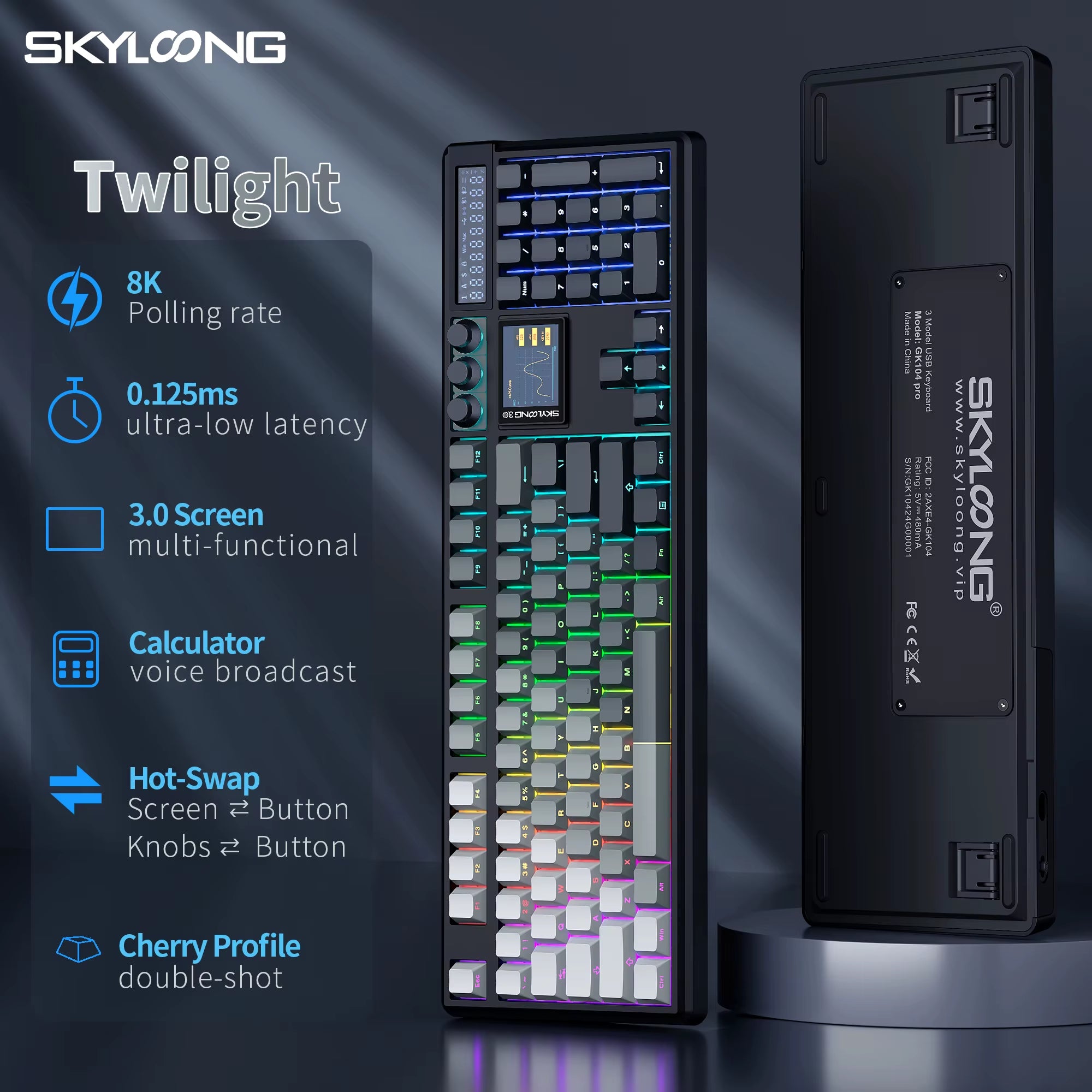 SKYLOONG GK104 Pro Full-Size 3-Mode Wireless Mechanical Keyboard with 3.0 Screen 3 Knobs Hot-Swappable Silent Switch PBT Keycaps